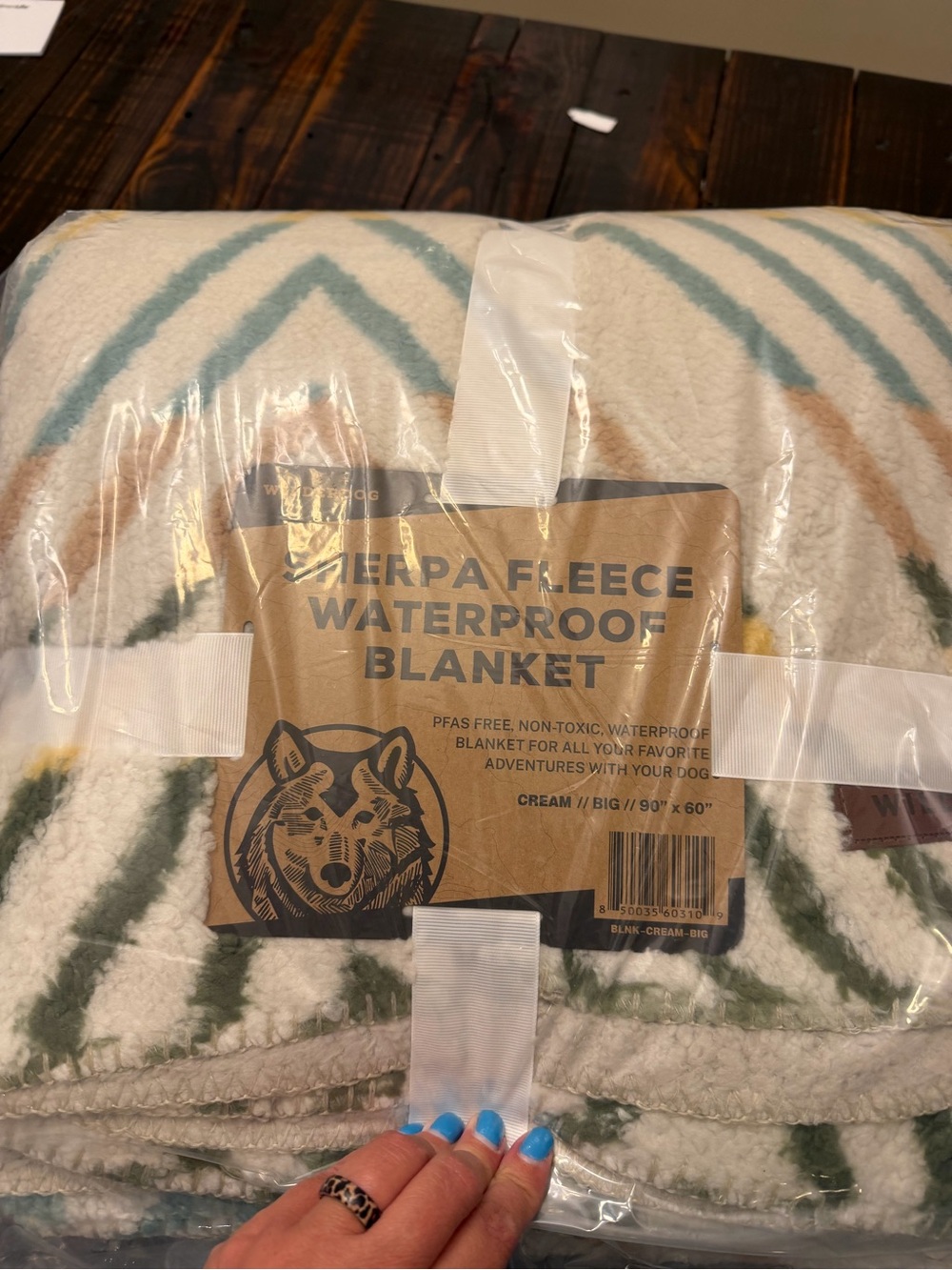 Sherpa Fleece Waterproof Blanket - Cream with Teal & Green Pattern
